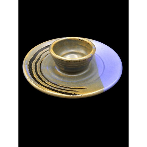 Chip & Dip Dish Hand-Thrown Purple & Bronze Green Studio Pottery Signed 9" - Picture 1 of 13
